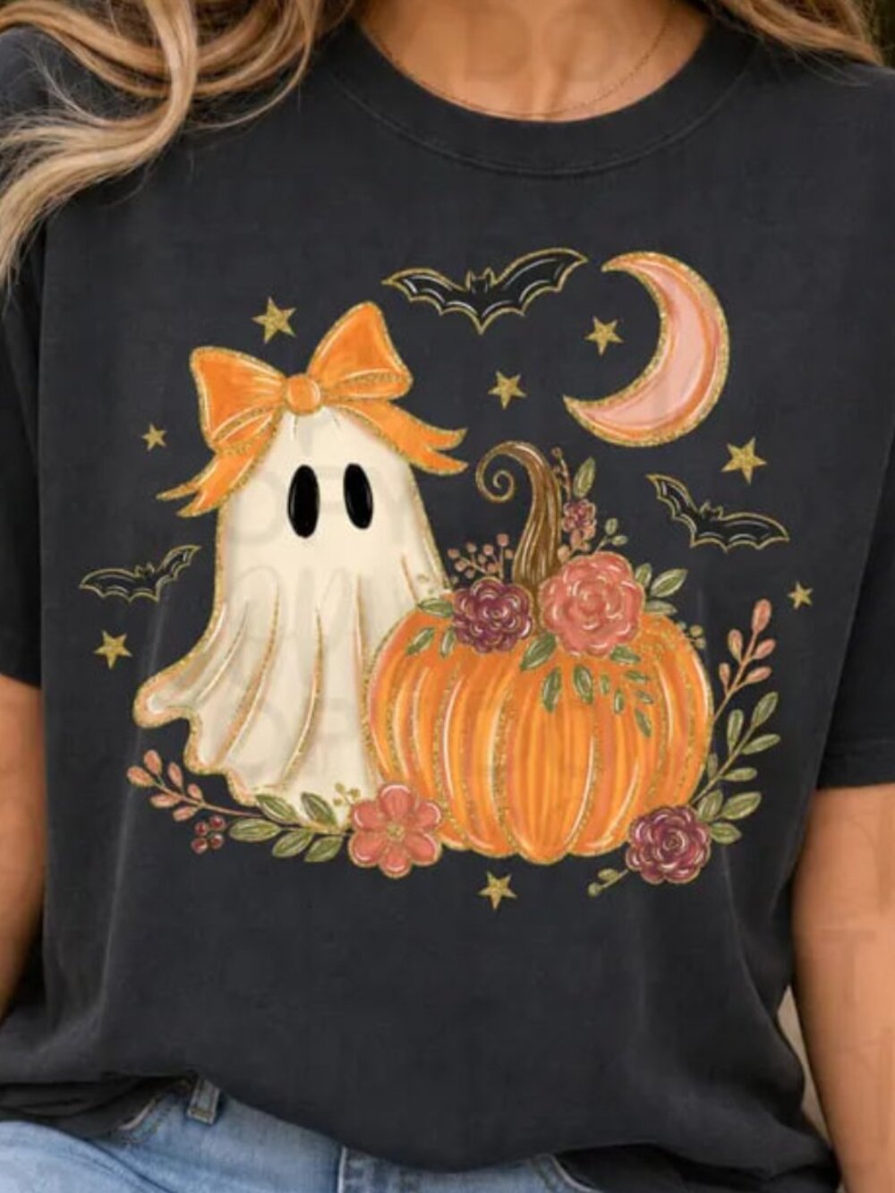 Floral Ghost Halloween Tee, Ghost And Pumpkin Tee, Gift For Halloween - Picture 1 of 4